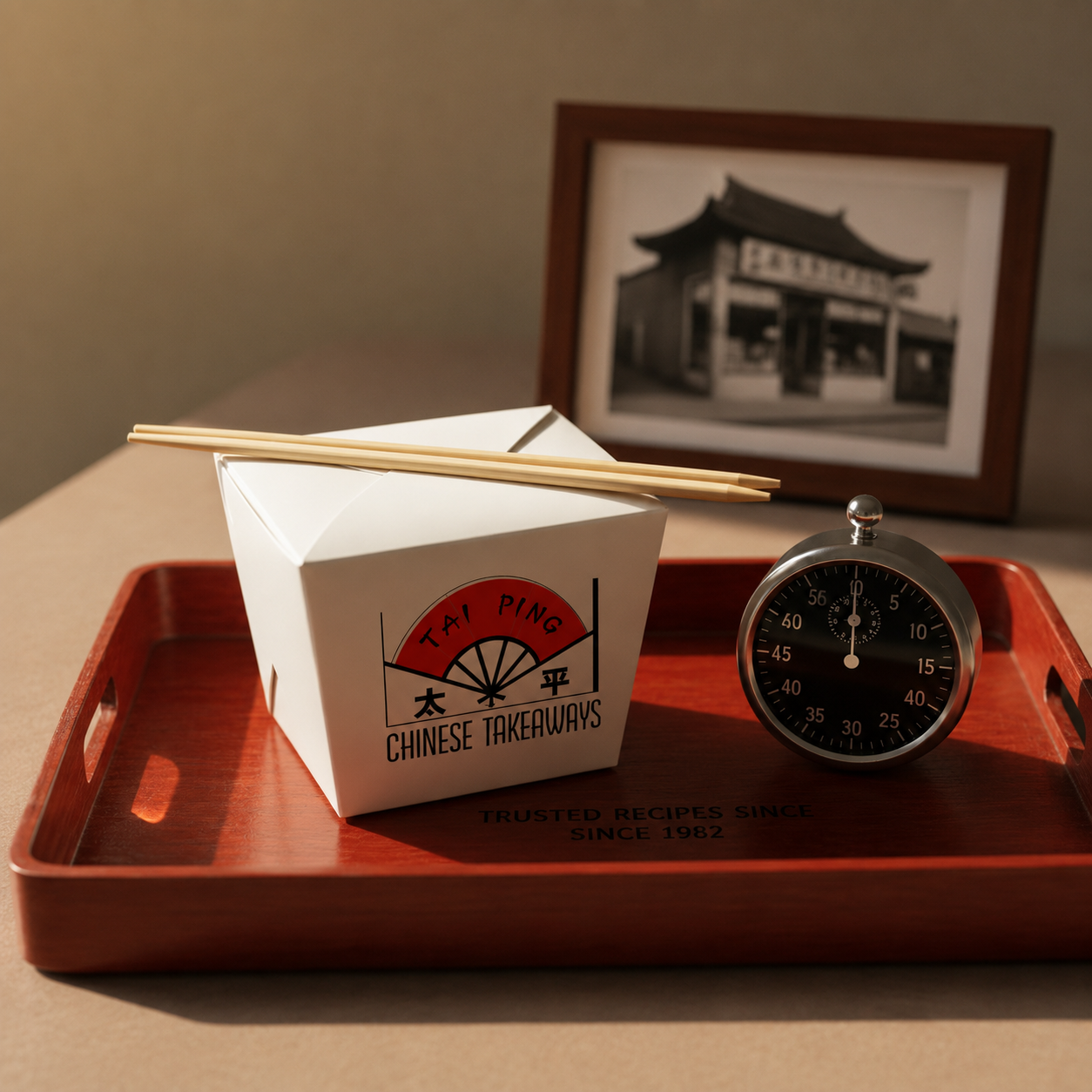 Tai Ping Chinese takeaway box with chopsticks and a kitchen timer